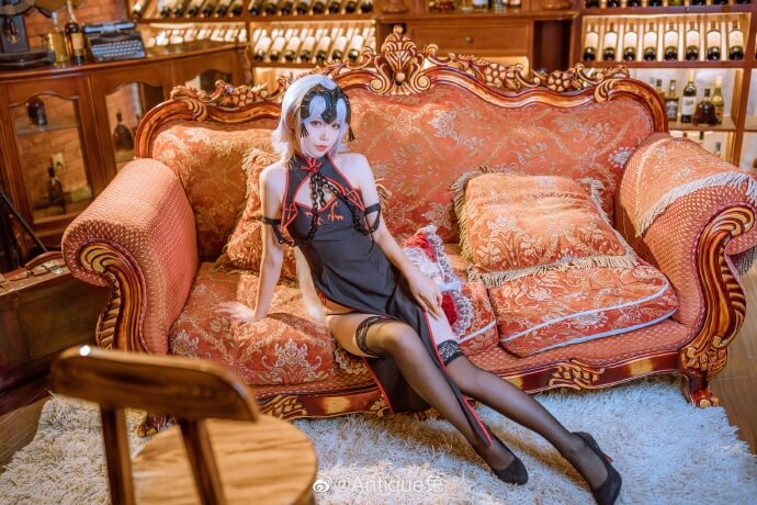 【COS正片】fate/grand order黑贞德旗袍cos黑丝长腿 Antique兔-机器猫次元